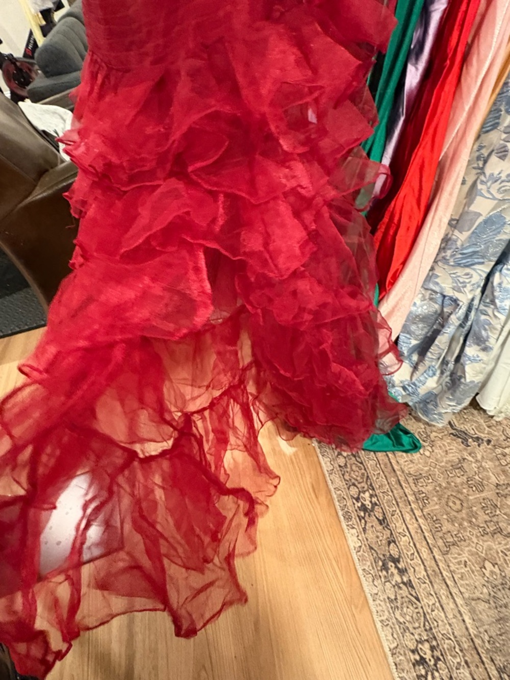 Strapless Red Ruffled Prom Dress - Picture 2 of 3